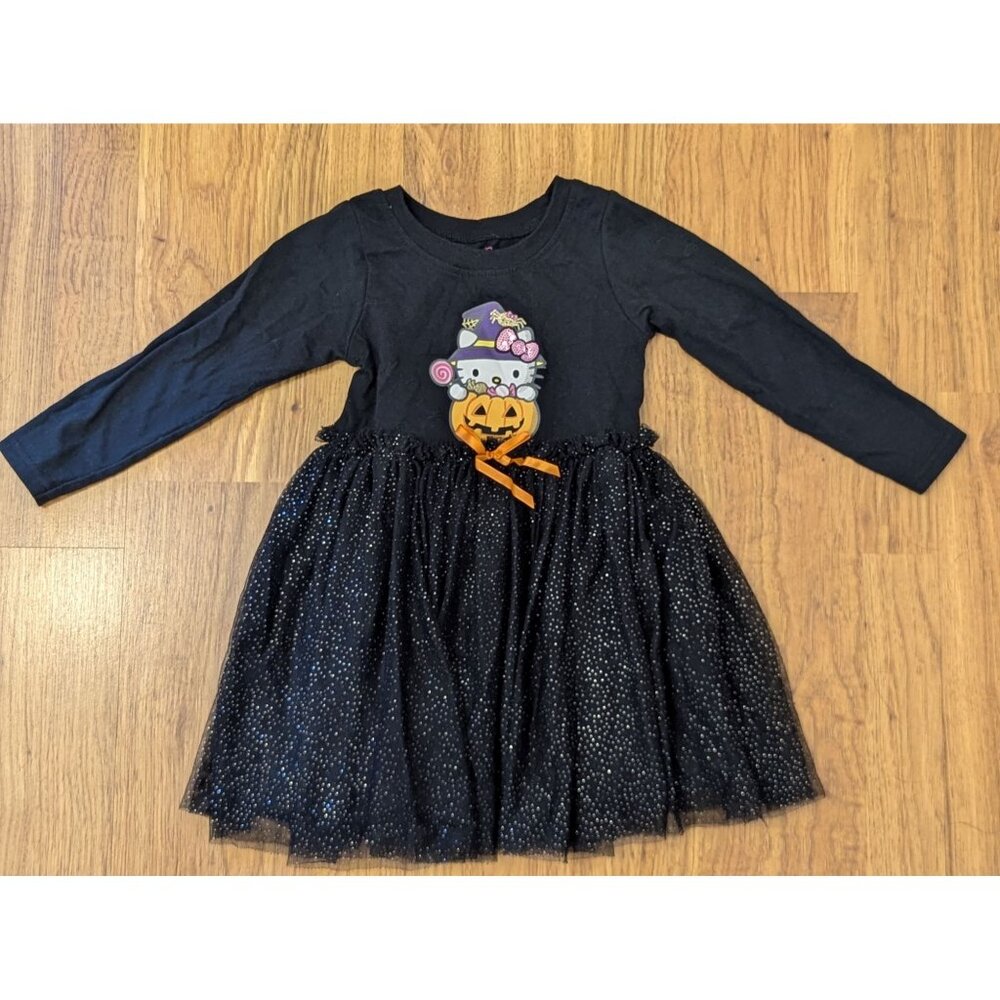 Hello Kitty Halloween Dress 3T By Sanrio Black Long Sleeve Pumpkin Glitter Tulle